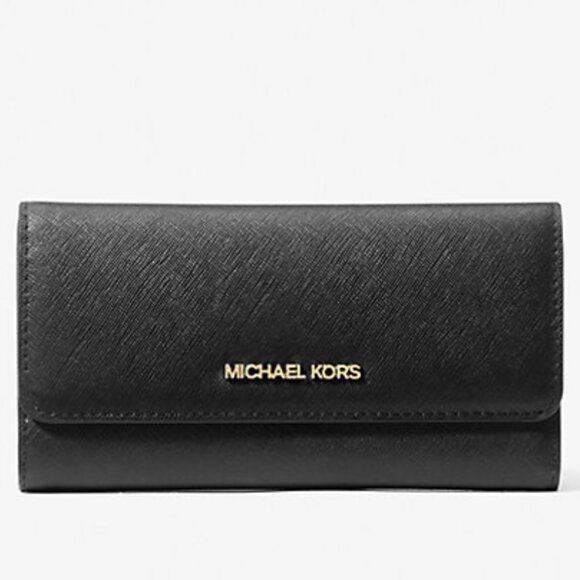 Michael Michael Kors Jet Set Travel Black Saffiano Leather Trifold Wallet - Picture 1 of 4